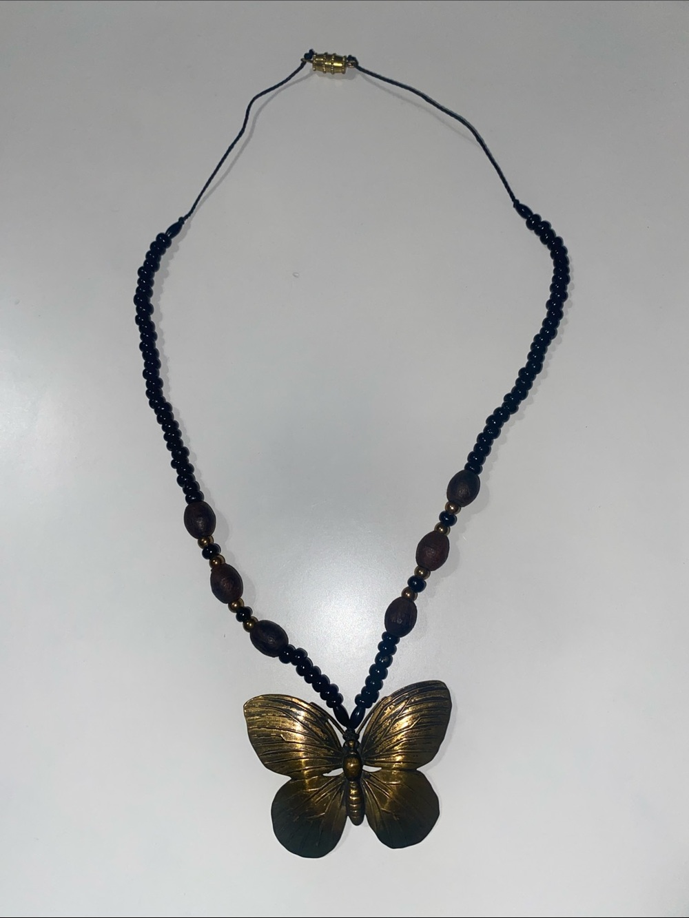 Butterfly Pendant Beaded Necklace - Antique Gold Brass & Black